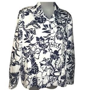 Alfred Dunner Blazer/Jacket Blue Floral Long Sleeve Polyester Navy and White